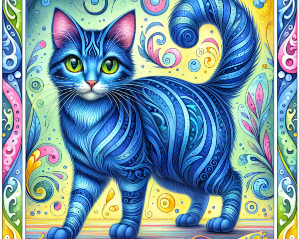 Stylized Illustration of a Blue Cat with Patterns