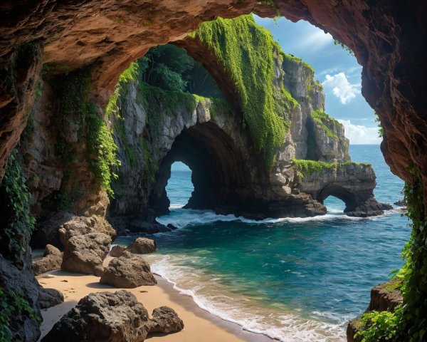 Coastal Scene with Rocky Cave and Turquoise Sea