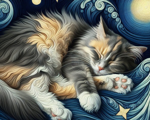Calico Cat Sleeping Against Blue Waves and Stars