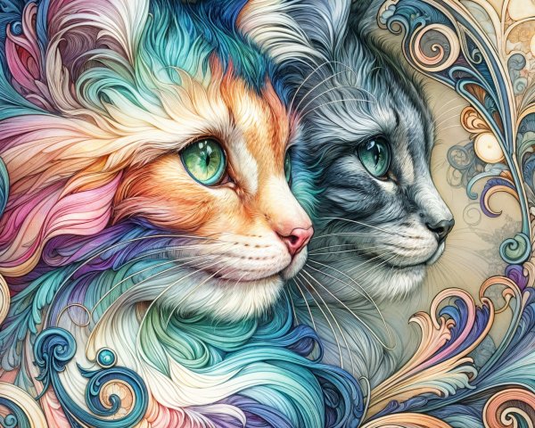Intricately Designed Cat Faces with Floral Background