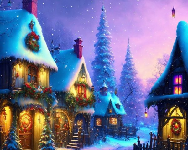 Winter Village Scene with Snowy Cottages and Lights