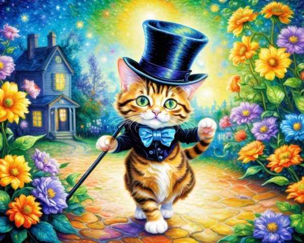 Tabby Cat in Top Hat on Flower-Lined Path at Night