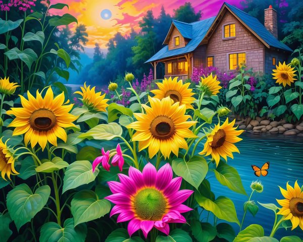 Vibrant Sunset Landscape with Cottage and Sunflowers