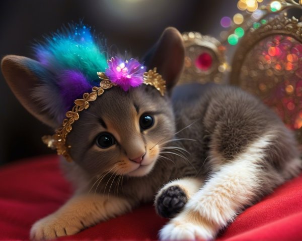 Kitten on Colorful Cushion with Glittering Crown