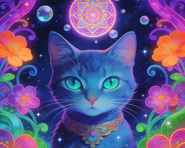 Psychedelic Cat Illustration Against Starry Night Sky