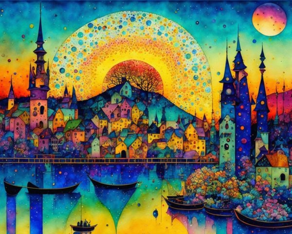Surreal Landscape of a Colorful Town at Sunset