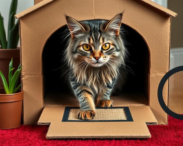 Fluffy Tabby Cat in Cardboard House with Mat