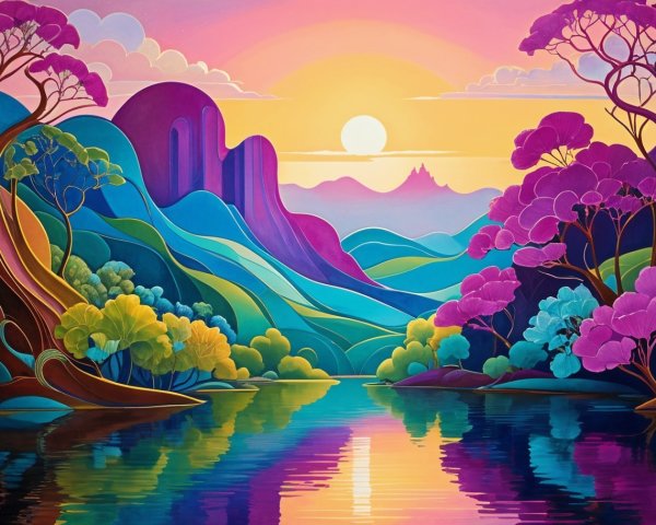 Vibrant Landscape with Rolling Hills and Sunset Reflections
