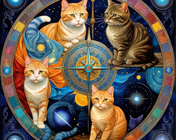 Four Cats in a Cosmic Compass Design with Stars