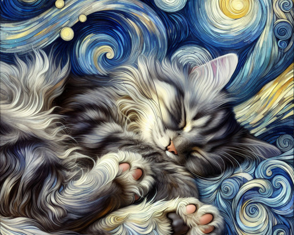 Gray Cat Sleeping Amidst Starry Night Patterns