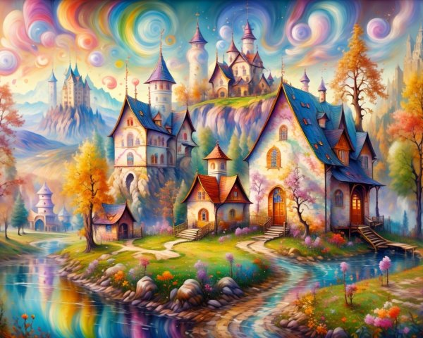 Whimsical Landscape with Colorful Castles and Nature