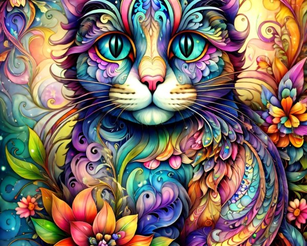 Colorful Illustration of a Cat with Floral Background