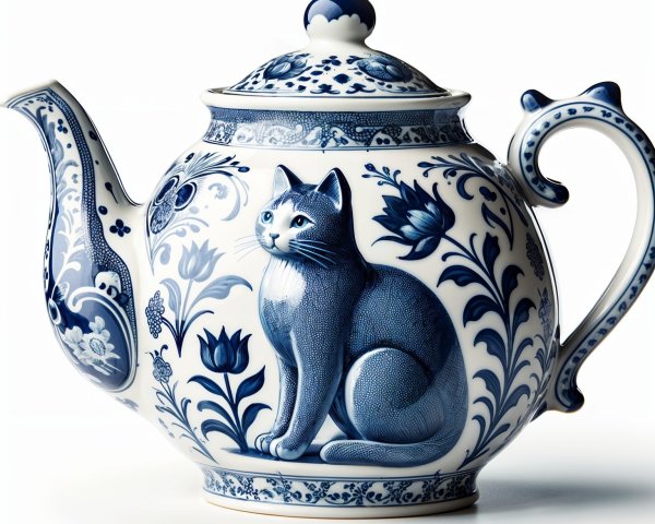 Intricate Blue Floral Porcelain Teapot with Cat Design