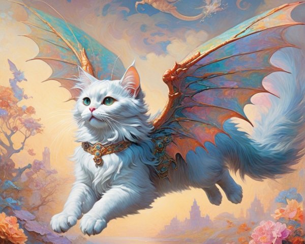 Majestic white cat with dragon wings in dreamlike landscape