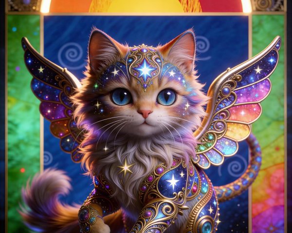 Whimsical Magical Cat with Celestial Features and Armor