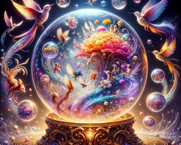 Vibrant Flowers and Ethereal Birds in a Shimmering Globe