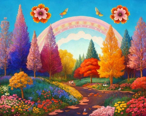 Vibrant Landscape with Colorful Trees and Flowers