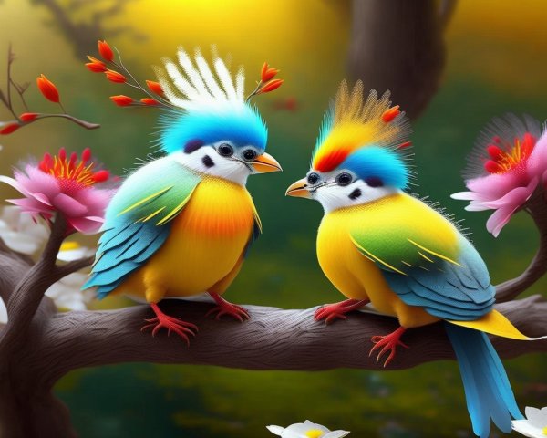 Cartoonish Birds on a Branch with Colorful Flowers