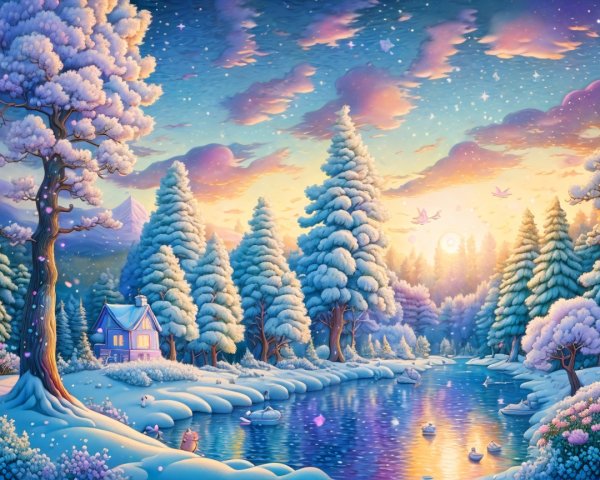 Serene Winter Landscape with Snow and Cozy Cabin