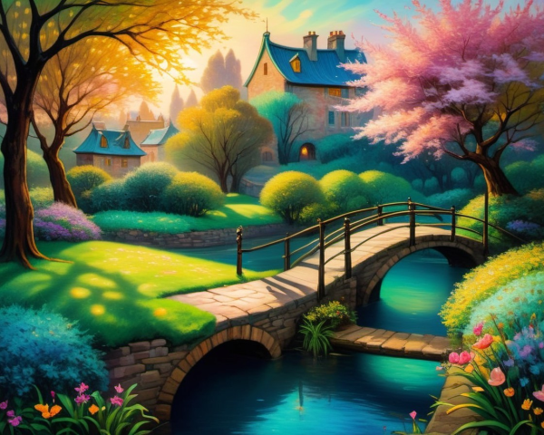 Tranquil Landscape with Stone Bridge and Stream