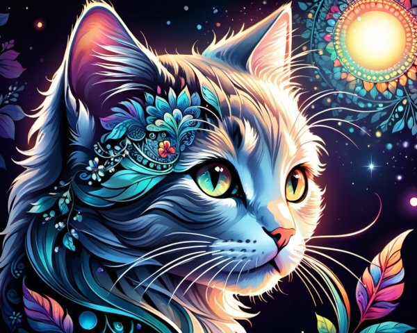 Illustration of a Cat with Cosmic and Floral Elements