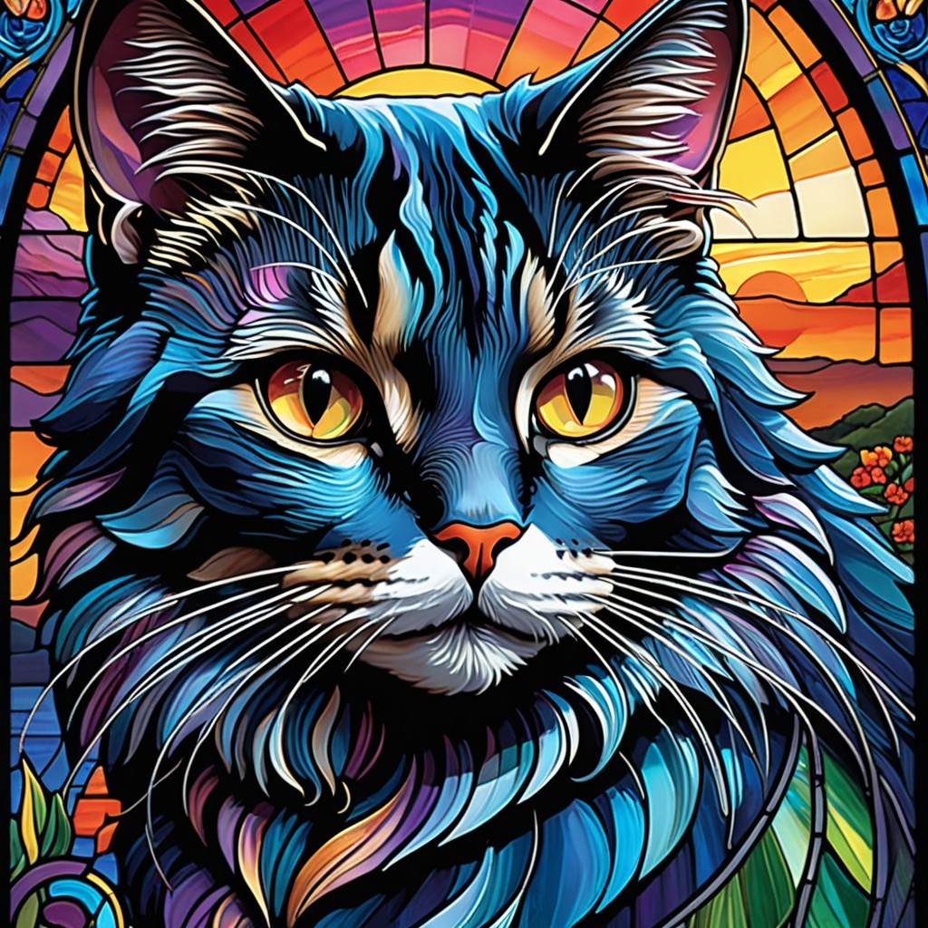 Vibrant Stylized Cat Face with Sunset Background