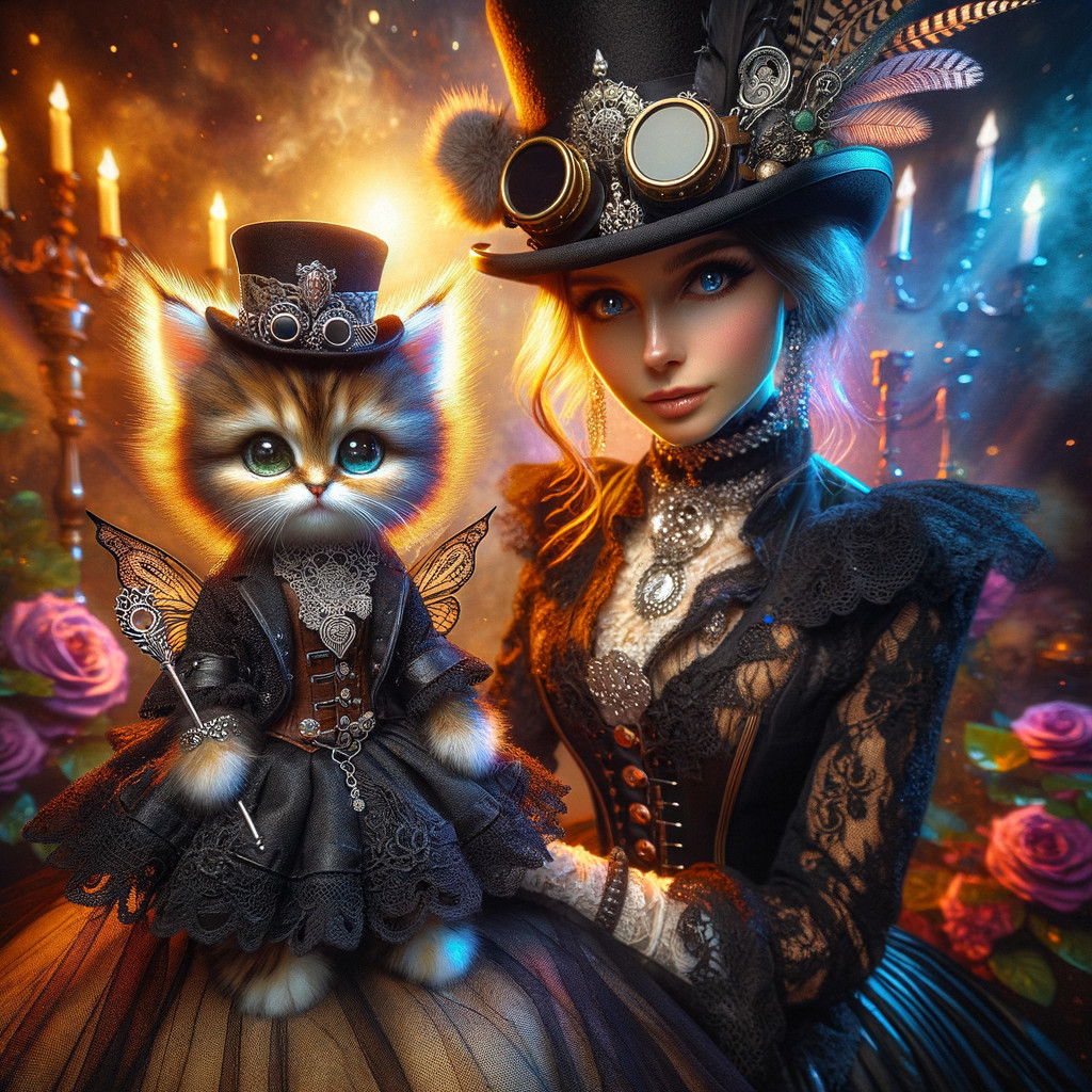 Victorian Woman and Cat in Enchanted Candlelit Scene