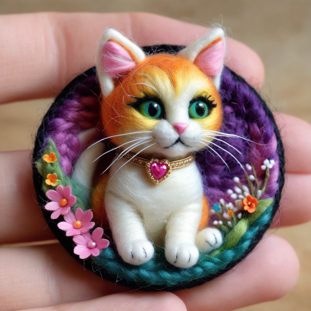 Handcrafted Cat Brooch with Colorful Floral Design