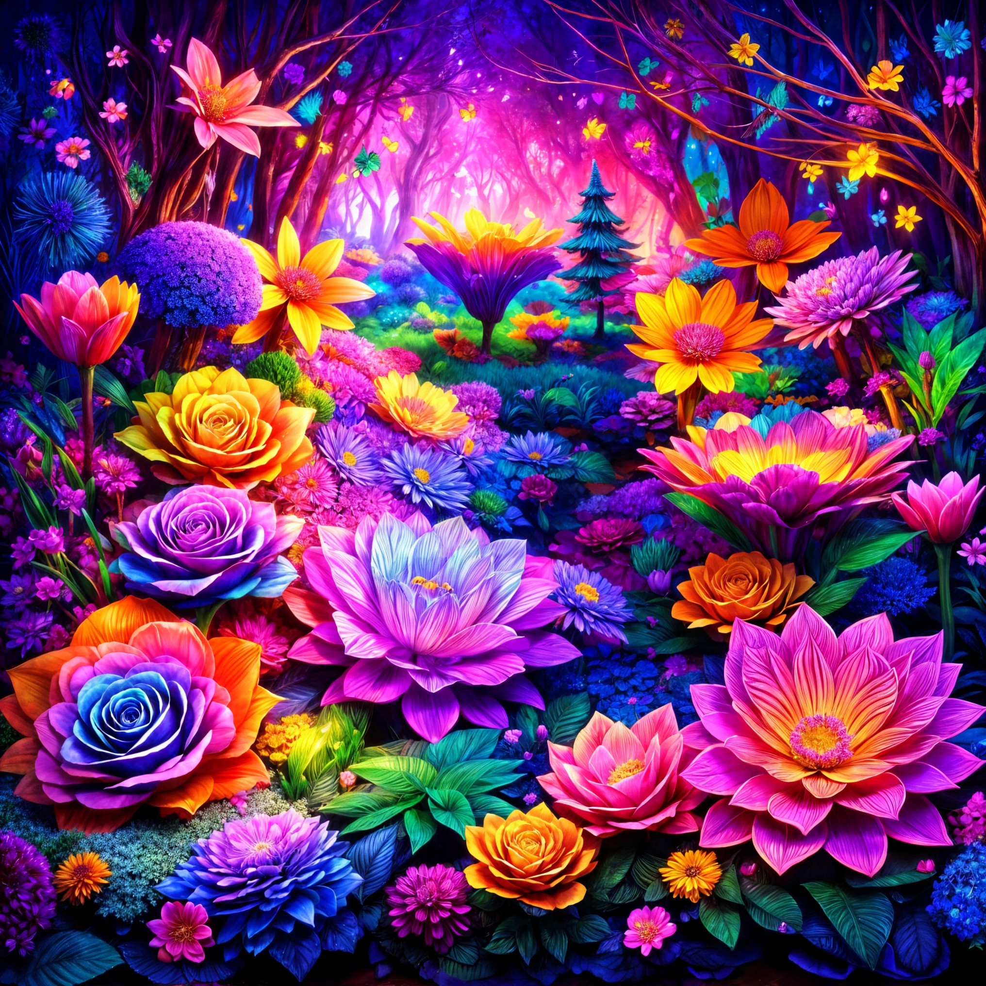 Vibrant Magical Garden with Colorful Flowers and Light