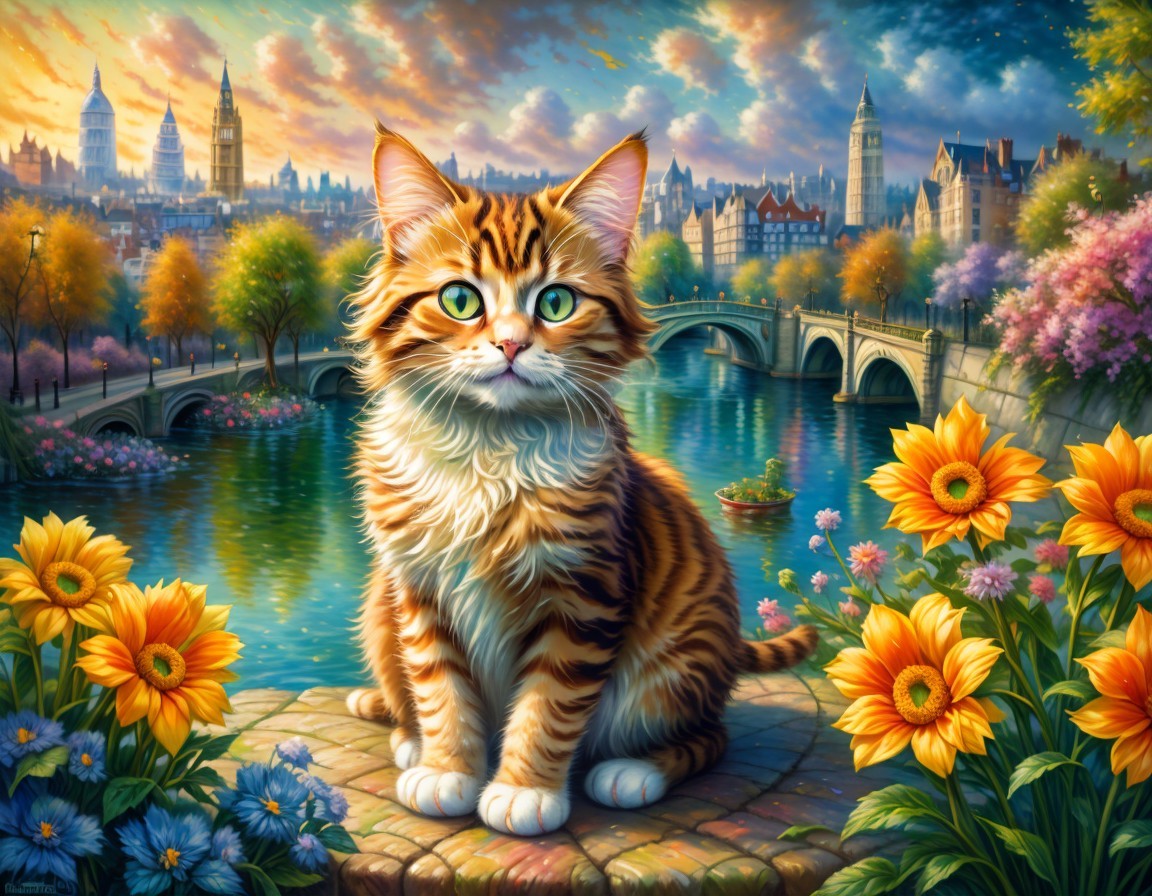 Tabby Cat on Cobblestone with Cityscape and Flowers