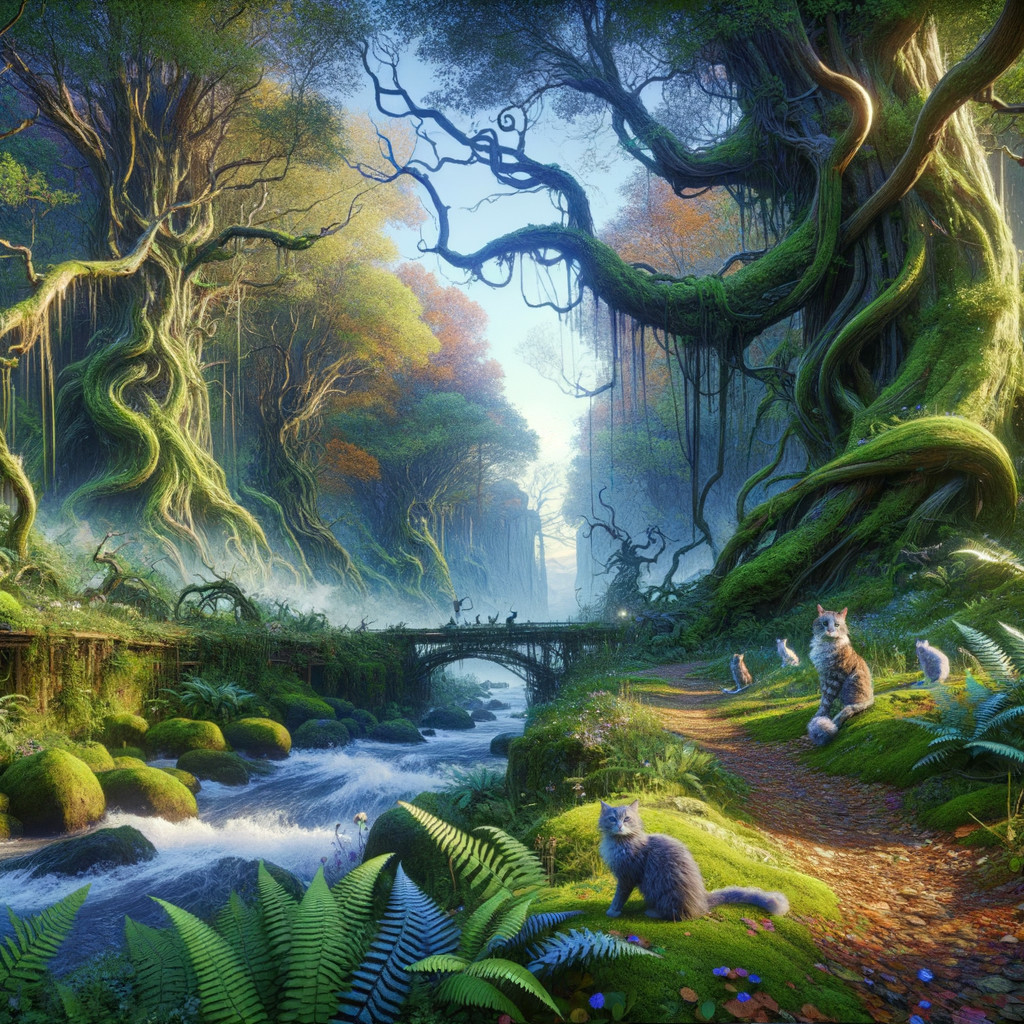 Serene Fantasy Landscape with Lush Forest and Cats