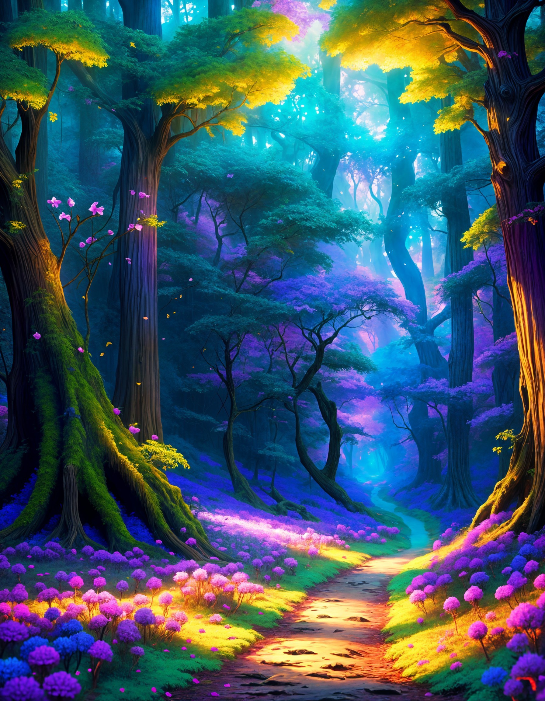 Enchanted forest with ethereal light and vibrant flora