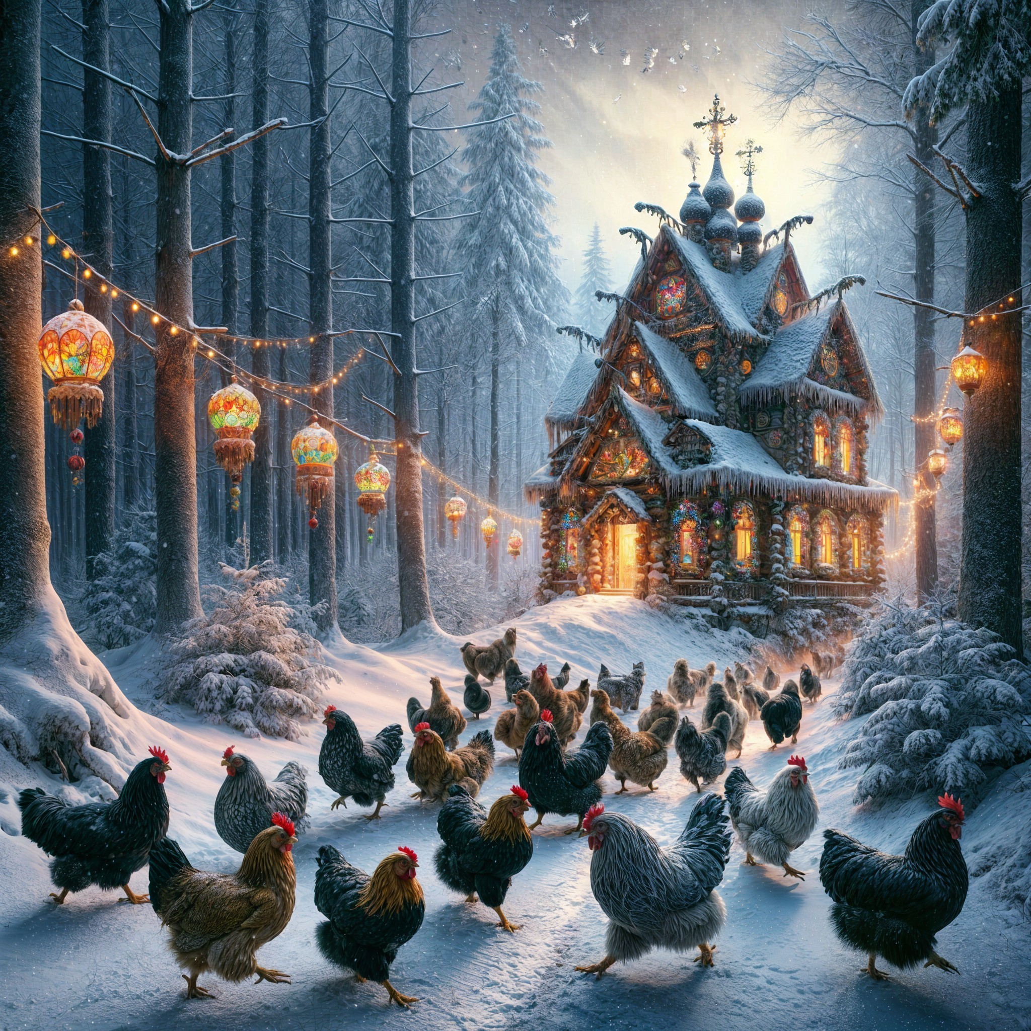 Wooden Cabin in Snowy Forest with Colorful Decorations