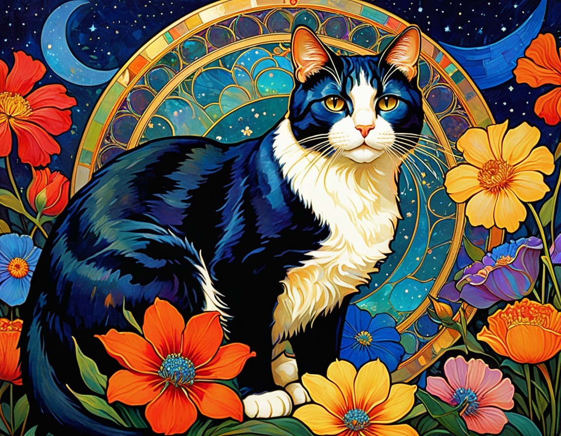 Colorful Illustration of Cat Among Flowers and Stars