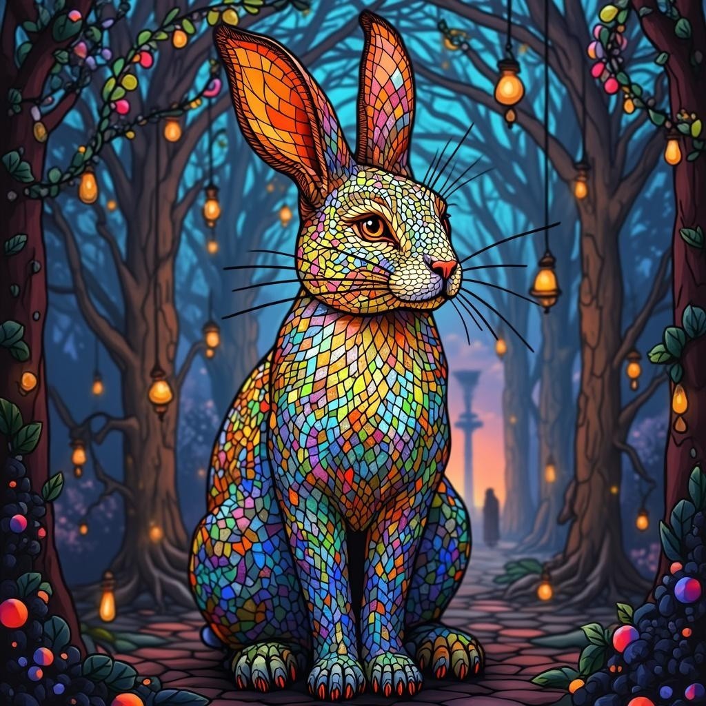 Mosaic Rabbit in a Whimsical Forest Setting