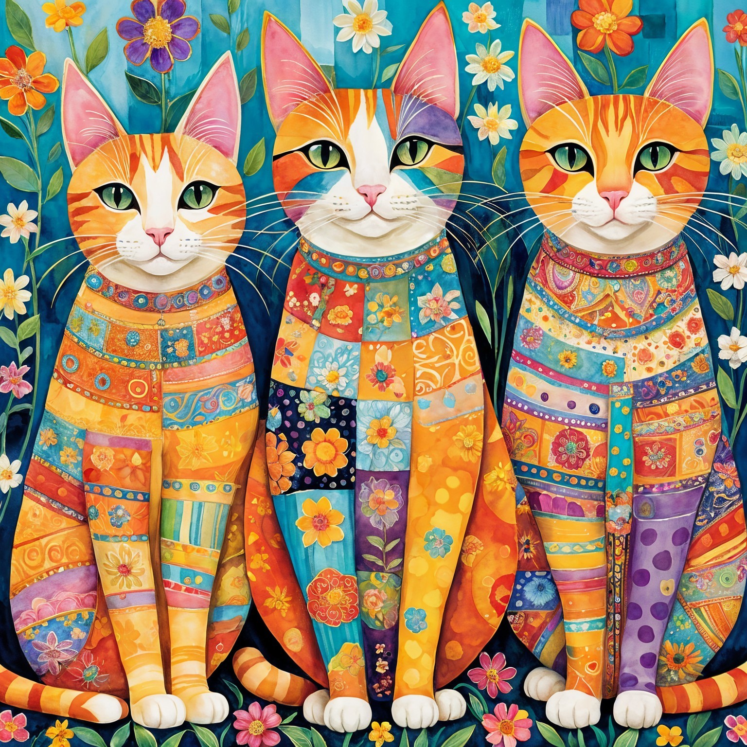 Colorful Cats with Floral Backdrop and Patterns