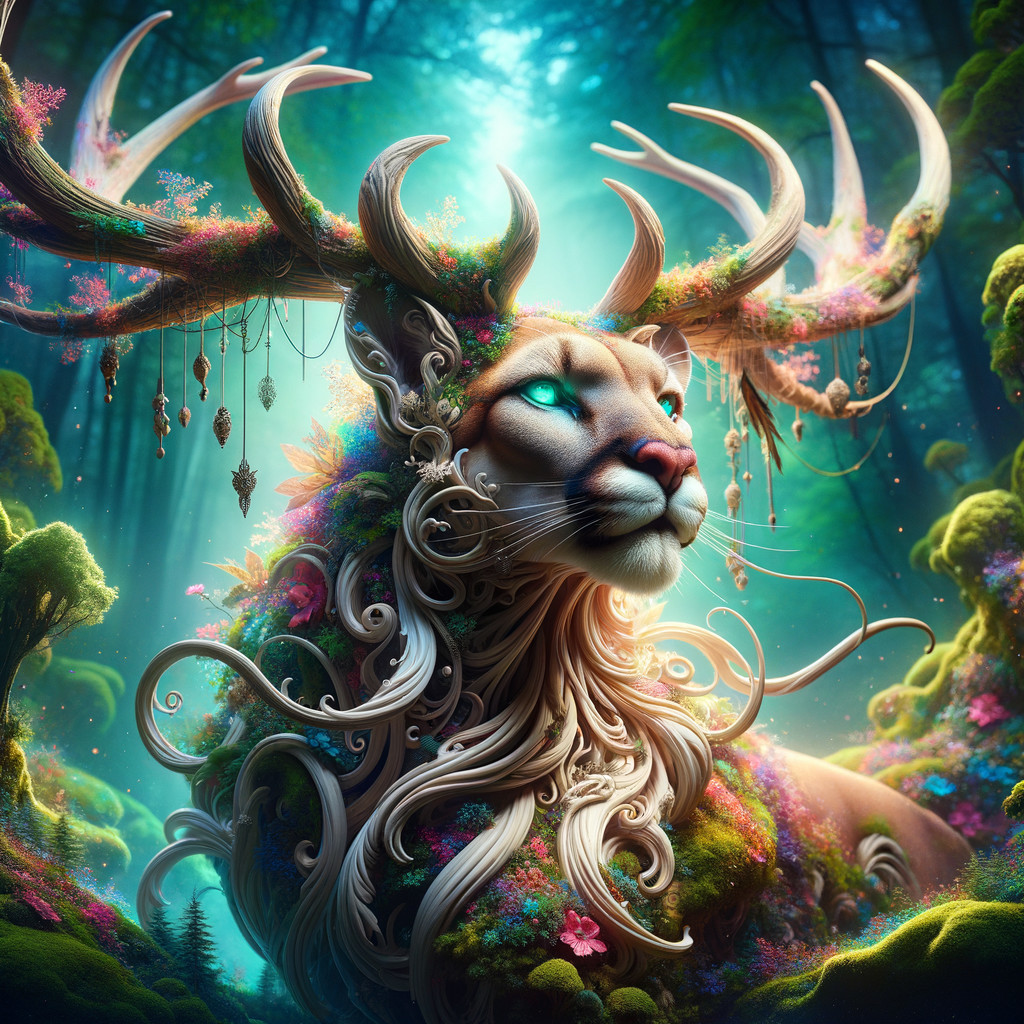 Majestic Lion-Stag Creature in a Mystical Forest
