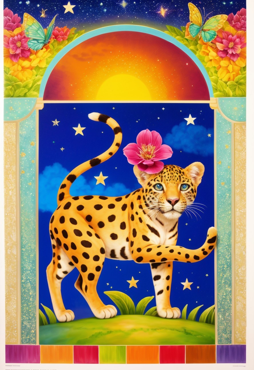 Leopard with Pink Flower Against Starry Night Sky