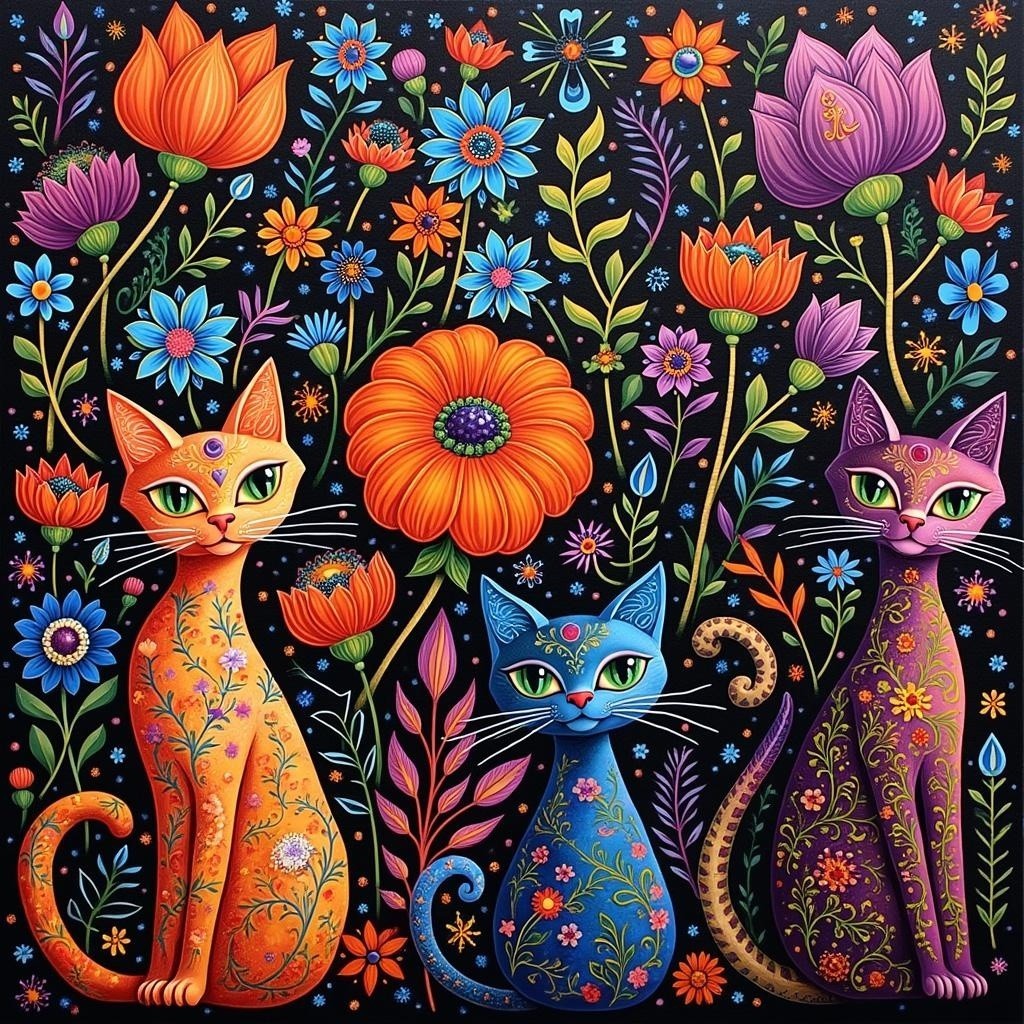 Vibrant Illustration of Three Whimsical Cats with Flowers