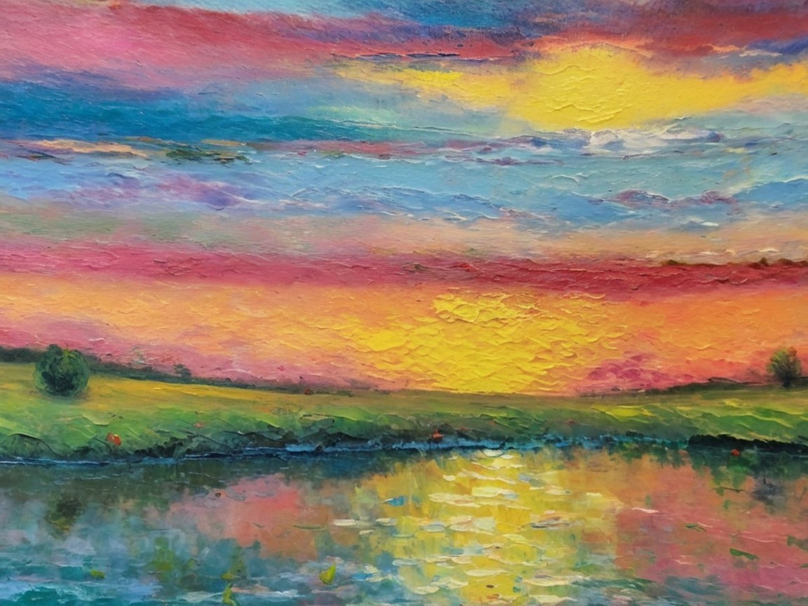 Vibrant Sunset Over Tranquil Water and Lush Hills