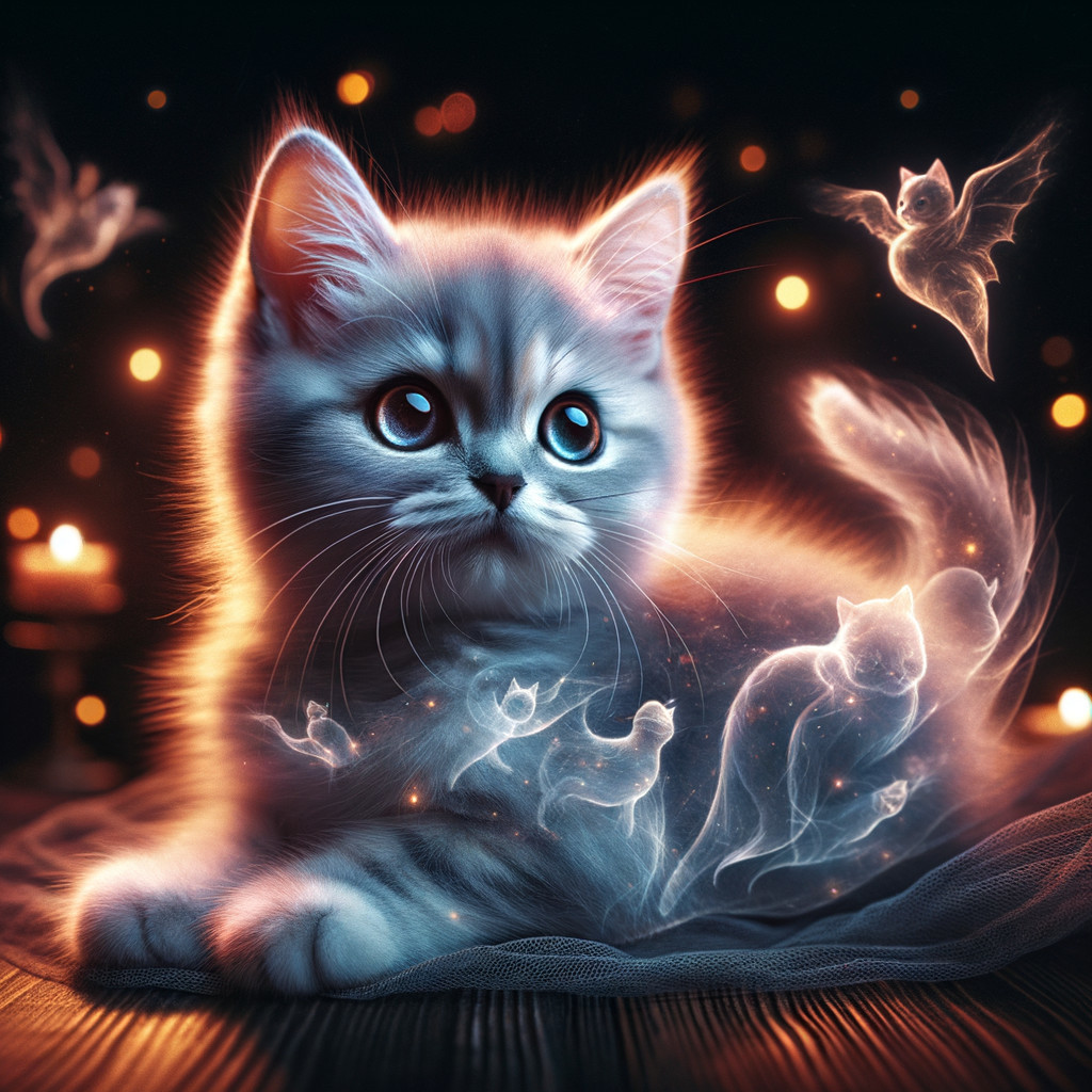 Fluffy Gray Kitten Surrounded by Ethereal Cat Figures