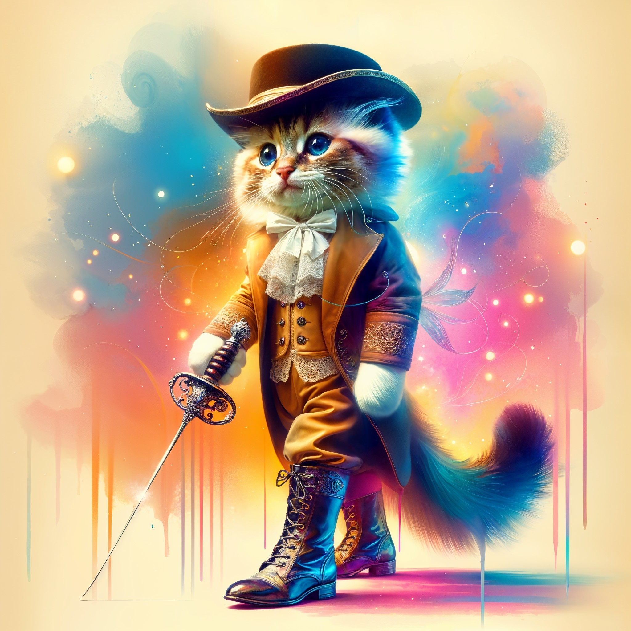 Whimsical Cat in Elegant Outfit with Colorful Background