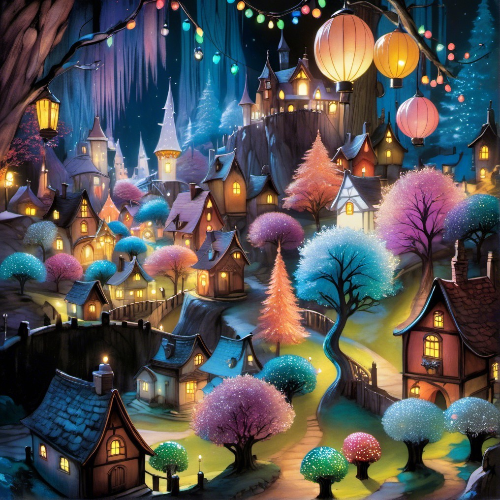 Whimsical Village Under a Starry Night Sky