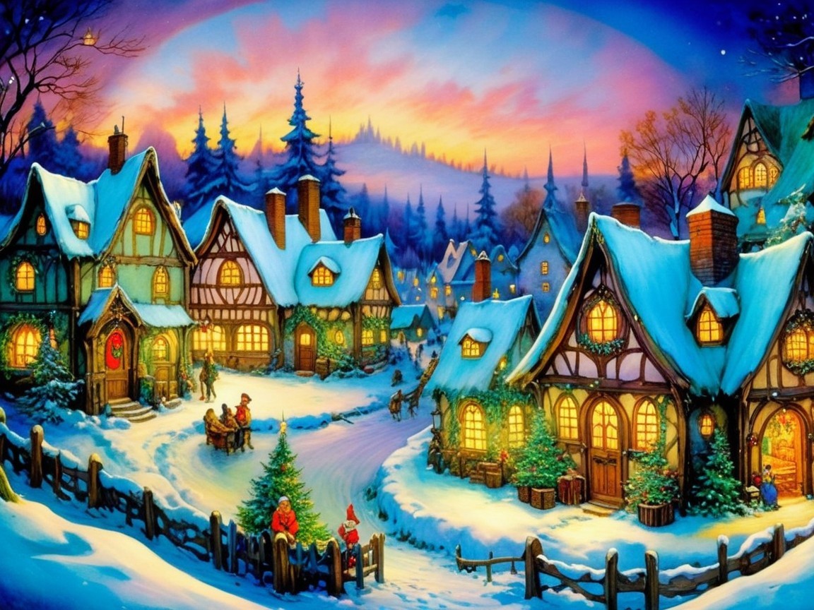 Charming winter village scene with festive cottages and trees