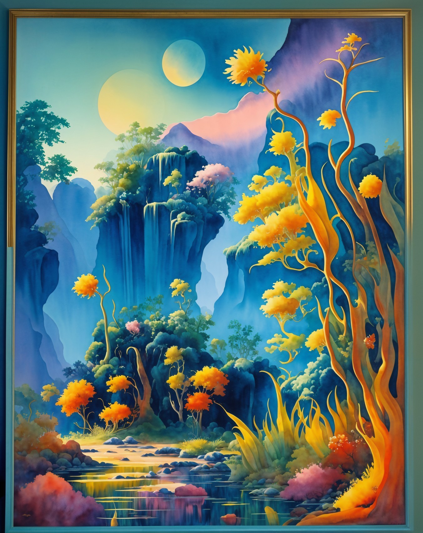 Vibrant Surreal Landscape with Colorful Flora and Rocks