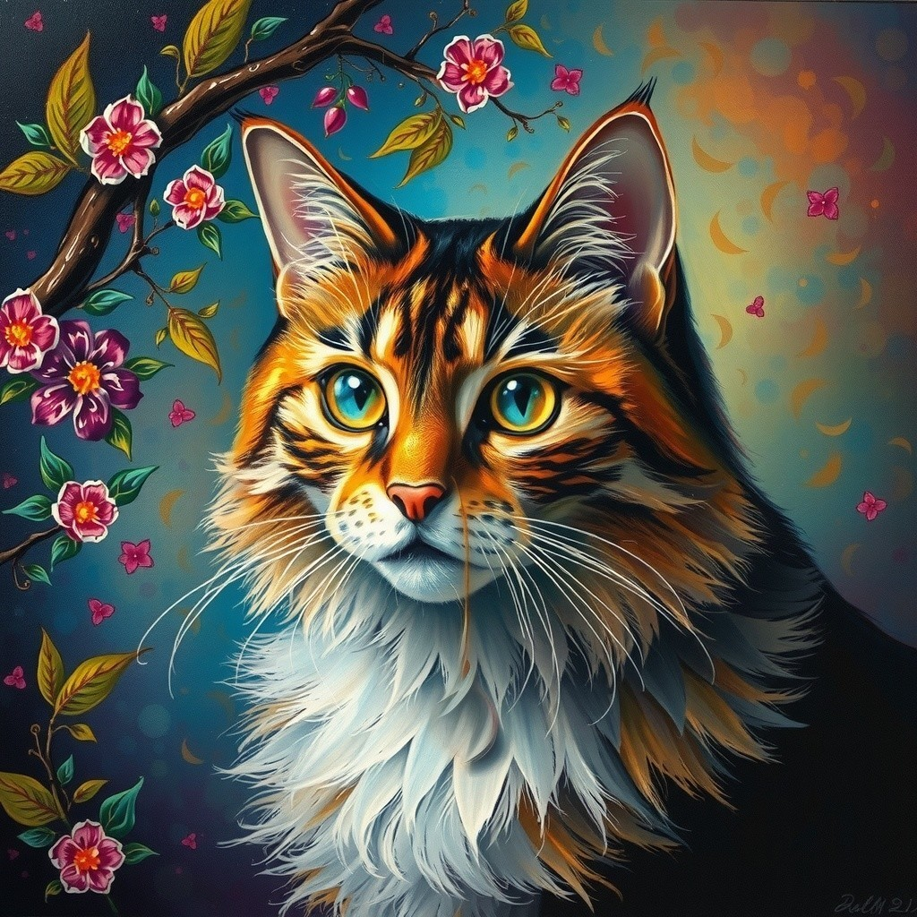 Colorful Cat Portrait with Blossoms and Nature Elements