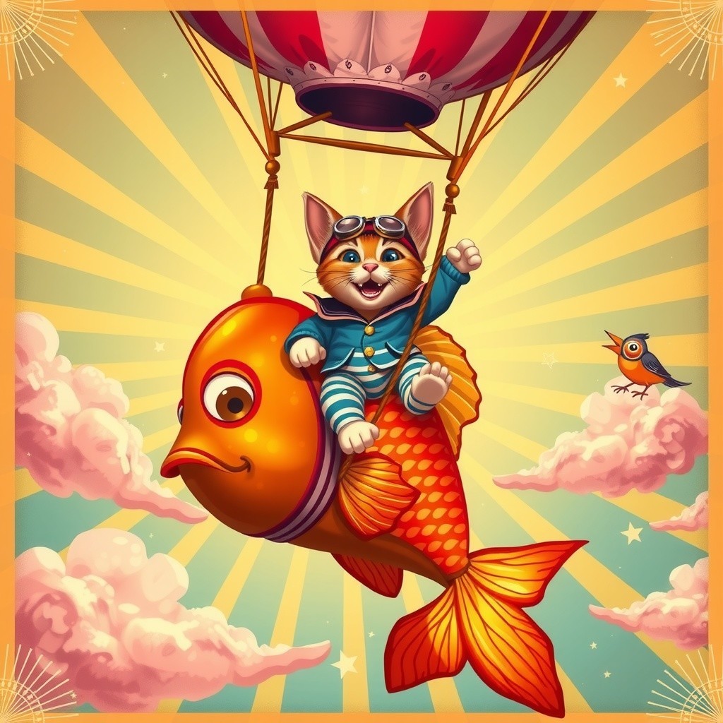 Cheerful Cat in Aviator Goggles on Cartoon Fish