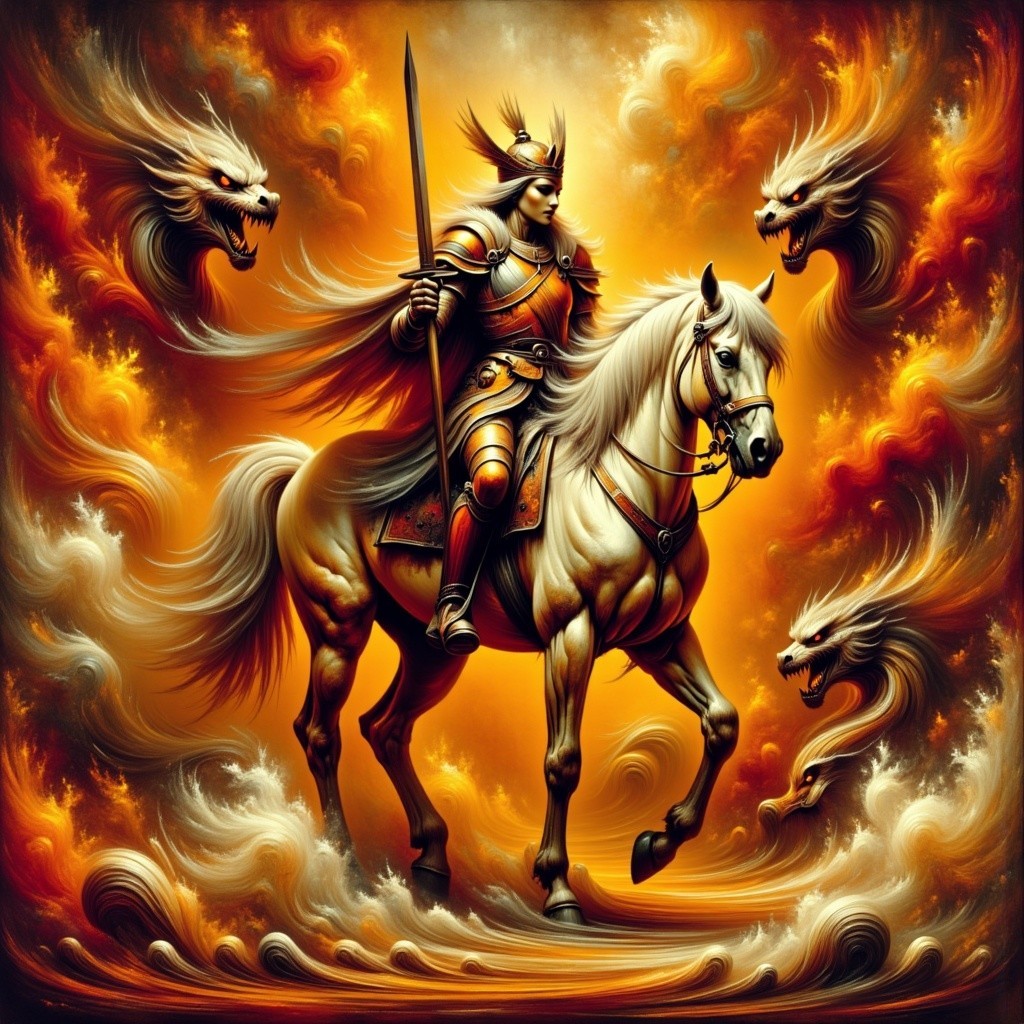 Valkyrie Warrior on White Horse in Fiery Landscape