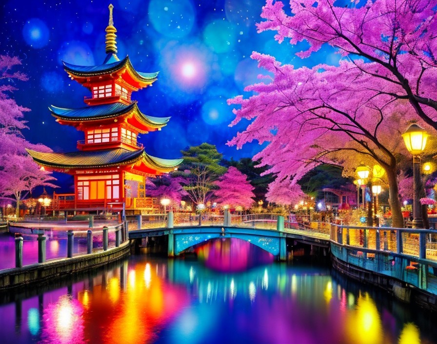 Illuminated Red Pagoda in a Starry Night Scene