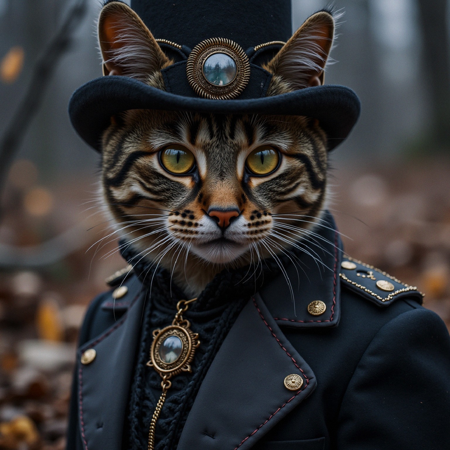 Regal Cat in Top Hat and Tailored Coat in Forest